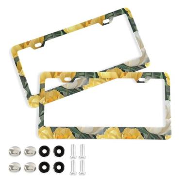 Imagem de SEHANY Molduras de placa de licença de flores florais coloridas, capas de moldura de placa de carro de alumínio à prova de ferrugem com orifícios elípticos e parafusos serve para veículos padrão dos