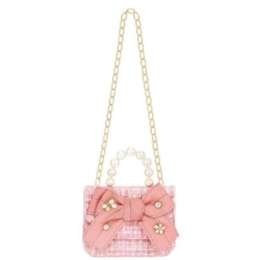 Imagem de Mini Bolsa Infantil Rosa com Laço e Alça de Pérolas – Bolsa de Mão e Transversal com Corrente Dourada – Design Encantador para Festas, Passeios e Presente de Luxo