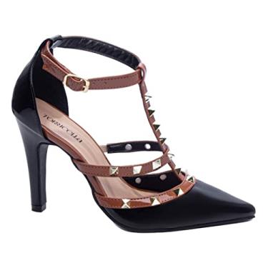 Imagem de SAPATO SCARPIN FEMININO TORRICELLA NAPA PRETO E MARROM APLIQUES DE PIRÂMIDE NA COR DOURADO, NÚMERO 36