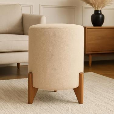 Imagem de Puff Banqueta Redondo Banco Pufe Assento Macio Tecido Suede 3D Decorativo para Sala Escritório Apartamento Soft Alamo Pés em Madeira - Bege