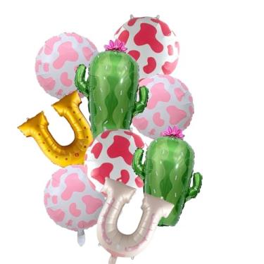 Imagem de Conjunto de 9 peças de balões de festa de faroeste, decoração de folha de ferradura rosa e vaca com design de cacto para aniversário, tema de rodeio