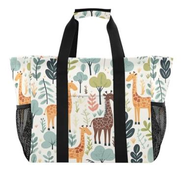 Imagem de Wassud Bolsa de compras reutilizável com estampa de selva com girafas grande bolsa organizadora de lona à prova d'água para praia, piquenique, lavanderia, viagem