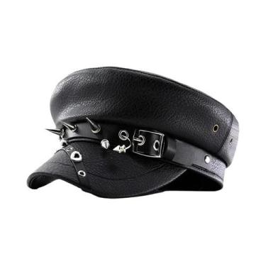 Imagem de Boina Feminina Preta Moderna De Couro PU Com Topo Plano Estilo Militar