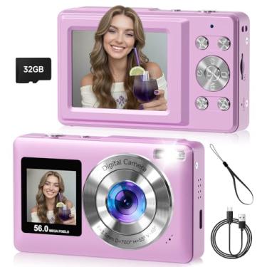 Imagem de Câmera digital, tela dupla de 56 MP com foco automático, captura de sorriso, antirvibração, zoom de 16x, cartão SD de 32 GB, presente Digicam para meninos, meninas e adolescentes