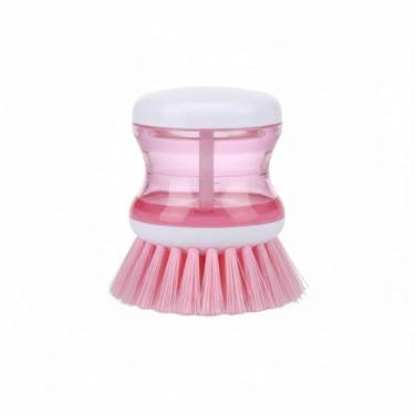 Imagem de Escova de Limpeza com Recipiente para Detergente, Material em Nylon, Design Anatômico, Cerdas Sobrepostas, para Louças e Objetos Cortantes (Rosa)