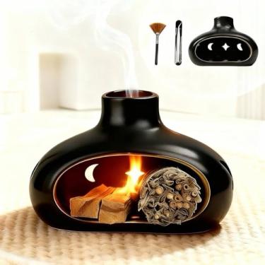 Imagem de SEEYAURO Conjunto de suporte de incenso de cerâmica - queimador de cone Palo Santo e sálvia feito à mão com orifícios, tigela para meditação e ioga - Suporte Palo Santo com pincel e pinça - decoração