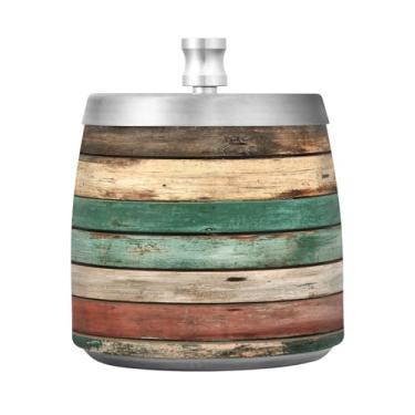 Imagem de Qilmy Cinzeiro de aço inoxidável padrão de madeira antigo com tampa - Cinzeiro de cigarro à prova de vento sem cheiro sem fumaça para casa, escritório, carro, pátio, varanda (uso interno e externo)