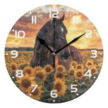 Imagem de JUZIHAI Relógio de parede com cavalo, girassóis, silencioso, redondo, sem tique-taque, operado por bateria, fácil de ler, relógio decorativo de parede para casa, cozinha, sala de estar, quarto