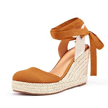 Imagem de FISACE Sandália anabela feminina de verão com salto alpargata plataforma e fivela no tornozelo, 2 - Marrom, 8