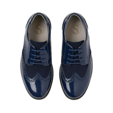 Imagem de Sapato social masculino de camurça envernizado com cadarço Brogue formal, Azul marinho, 3.5 Big Kid