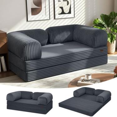 Imagem de COMAX Sofá-cama Futon, sofá dobrável 4 em 1, sofá-cama queen com apoios de braço em forma de L, colchão dobrável conversível para cama e cadeira dobrável, confortável para sala de estar, quarto, pele