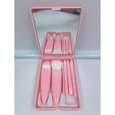 Imagem de Mini Espelho de Maquiagem Portátil com 5 Pincéis, Lupa e Design Dobrável para Bolsa(KIT 12 ROSA)