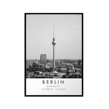 Imagem de Pôster de viagem preto e branco impressão paisagem da cidade do mundo pintura em tela Berlim Wall Art Picture Decoração de casa (16 x 24 polegadas (40 x 60 cm), moldura para fotos)