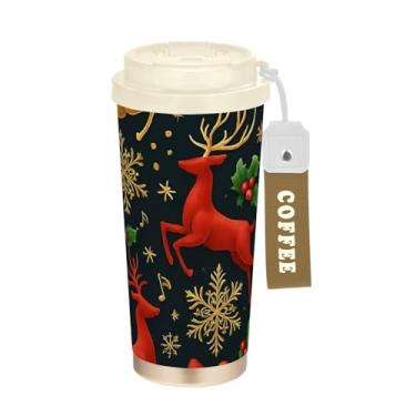 Imagem de TSENQUE Caneca de café de viagem de 473 ml, copo de café com revestimento cerâmico com tampa e canudo, copo isolado a vácuo de aço inoxidável, rena de Natal preto