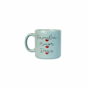 Imagem de Caneca de Cerâmica Verde Menta com Frase Família Amor Deus, Corações Vermelhos