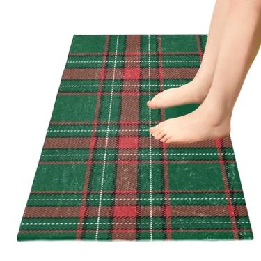 Imagem de TSENQUE Tapetes de banho xadrez de búfalo vermelho e verde tapetes de cozinha absorventes capachos de entrada laváveis tapete de banheiro antiderrapante para decoração de quarto de casa, 99 x 50 cm