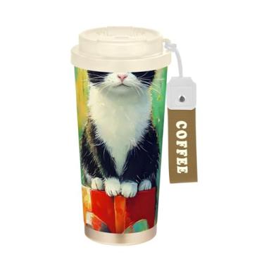 Imagem de TSENQUE Caneca de café de viagem de 473 ml com tampa de canudo e filp, copo de café de aço inoxidável à prova de vazamento para escritório, escola, festa, acampamento, gato fofo de Natal colorido
