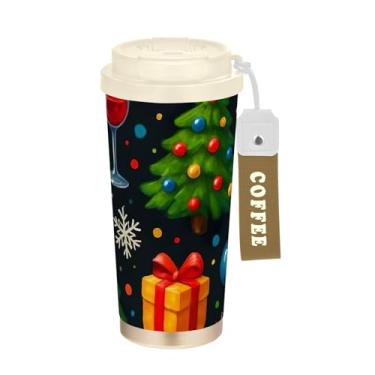 Imagem de Caneca de viagem de café 40 ml com canudo e tampa, revestimento cerâmico isolado a vácuo copo de café de aço inoxidável à prova de vazamento, árvores de Natal preto