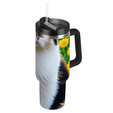 Imagem de Copos com tampas e canudos Cute Calico Cat Flowers Copo de 1,134 g com alça à prova de derramamento garrafas de água isoladas aço inoxidável caneca de café quente para carro