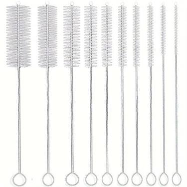 Imagem de Escova de palha de cerdas macias com cabo de aço inoxidável, 10 peças, escova de limpeza para vidro, silicone, tubos de metal, perfeita para bules, xícaras, garrafas de leite, tubos de ensaio