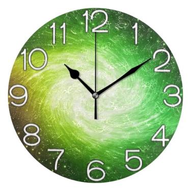 Imagem de GAIGEO Relógio de parede decorativo analógico operado por bateria silencioso relógio de cozinha fofo, decoração de sala de estar, arte moderna, Aestheti verde amarelo estrelas, 25 cm, ponteiros pretos