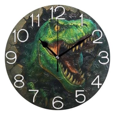 Imagem de GAIGEO Relógio de parede de dinossauro verde feroz analógico decorativo relógio de cozinha rústico funky alimentado por bateria, decoração de parede de sala de estar moderna, 25 cm, ponteiros pretos