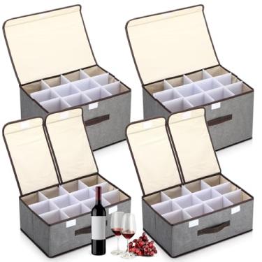 Imagem de Windyun Pacote com 4 caixas de armazenamento de copo de vinho e caneca com divisórias, estojo de microfibra acolchoado com alças, cada um comporta 12 copos, caneca de café e xícara de chá (2 tamanhos)