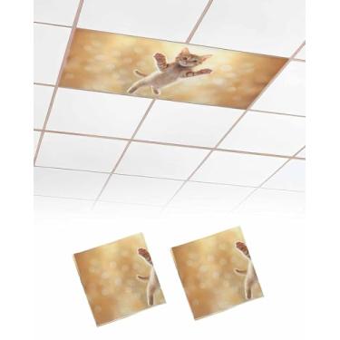 Imagem de Wowouhiya Pacote com 2 capas de luz fluorescente para luzes de teto, lindos filtros magnéticos de luz de sala de aula de gato laranja 10 x 5 metros, adorável painel decorativo de sombra de teto para