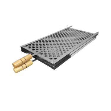 Imagem de Grelha Churrasqueira，Material de AçO，DobradiçA de Camada Dupla，FáCil de Limpar，Com Cabo de Madeira，Multifuncional e DuráVel，Adequado para Peixe e MacarrãO(P 50x25)