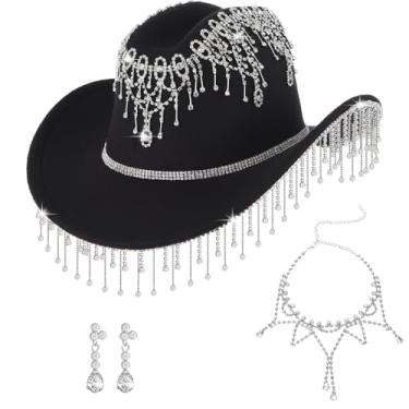 Imagem de Hercicy 3 peças de roupa de vaqueira feminina com strass, chapéu de cowboy, colar de prata, pingente de cristal, brinco para festa de Halloween