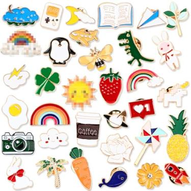 Imagem de DTOFOOT Conjunto de 36 broches esmaltados fofos em massa com desenhos animados mistos, broches, broches, animais, plantas, broches, botões para mochilas, chapéus, jaquetas, presentes, Small, Zinco