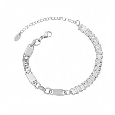 Imagem de Pulseira de corrente banhada a ouro branco 18K com pedras de zircônia cúbica baguete, design de elos mistos com fecho lagosta, banhado a ouro 18 quilates sobre aço inoxidável, resistente a manchas