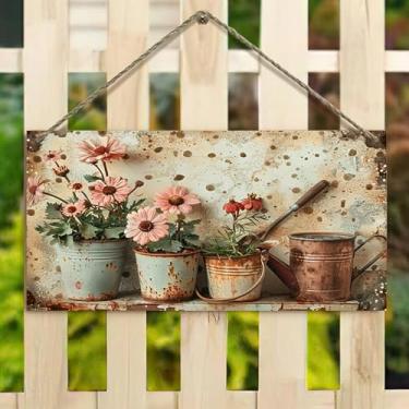 Imagem de Placa de pendurar de 10 x 20 cm - Ferramentas de flores em vaso rústico para decoração de casa de fazenda rústica, para cerca, varanda, jardim (casa vintage e design floral)