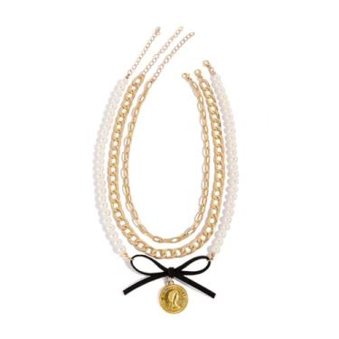 Imagem de Colar gargantilha feminina com contas de pérola e laço de moeda da rainha barroca, disco redondo, corrente cubana, empilhável, vintage, joia de aniversário, ajustável, 3 peças, Adjustable, Metal metal