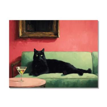 Imagem de Gato preto com Martini impressão artística bonito gato peculiar coquetel bar decoração moderna casa cozinha arte de parede pintura em tela pôster estética (SKU1,30,5x40.6 cm = (30x40 cm), sem moldura)