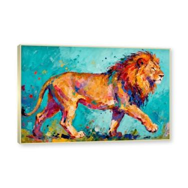 Imagem de Moldura dourada. Arte abstrata de respingos de leão, pintura colorida de animais em tela, decoração de parede expressiva moderna para sala de estar ou escritório. A32. 50 x 75 cm - 19,7 x 29,6 pol.