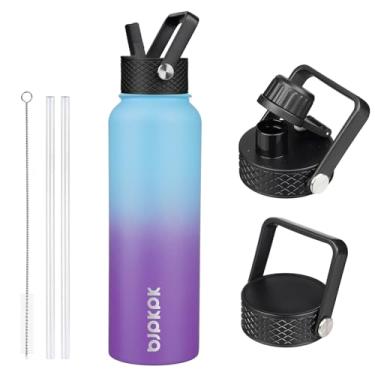Imagem de BJPKPK Garrafas de água isoladas com tampa de palha, garrafas de água de aço inoxidável de 1,18 l com 3 tampas, garrafa térmica à prova de vazamento sem BPA, copos, copos para esportes, academia -