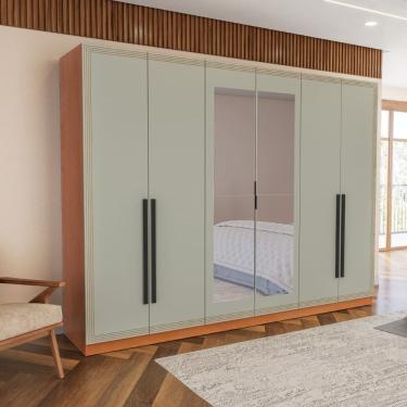 Imagem de Guarda Roupa Roupeiro 6 portas 4 gavetas com Espelho Valência Freijó Verde Politorno Móveis