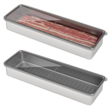 Imagem de Recipiente de bacon para geladeira, 1 pacote com 1 recipiente hermético de aço inoxidável 304 para geladeira e lava-louças, recipientes longos de armazenamento de alimentos com tampas com base elevada