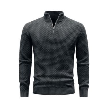 Imagem de Suéter Masculino De Inverno Quente Com Zíper, Gola Alta Em Tricô Waffl