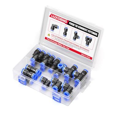Imagem de luxdeng 12 mm OD Cotovelos azuis, T, retos e divisores empurrar para conectar acessórios de tubo conexão rápida conector de bloqueio pneumático de encaixe de ar (pacote com 20)