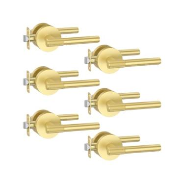 Imagem de Asidrama Pacote com 6 maçanetas douradas com fechadura, puxadores de porta dourados escovados interiores para quarto ou banheiro, maçaneta de porta resistente com maçaneta interna reversível para