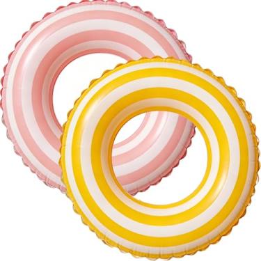 Imagem de 2 peças boias para adultos, pirulito, listrado, boia de piscina, grande, para adultos, 88 cm, clássico, listrado, para adolescentes, adultos, verão, praia, despedida de solteira (rosa e amarelo, 2)