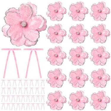 Imagem de Solsew 52 peças de flores artificiais de Natal com glitter e laços de veludo para árvore de Natal 25 cm grandes flores artificiais de magnólia para árvore de Natal, palitos florais para guirlanda de