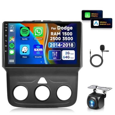 Imagem de 2 + 64 G para Dodge RAM 1500 2500 3500 2014-2018 sem fio Carplay/Android Auto, Android Car Radio Stereo 22.9 cm tela sensível ao toque GPS Navi WiFi Bluetooth FM/RDS Mirror Link SWC Câmera reserva
