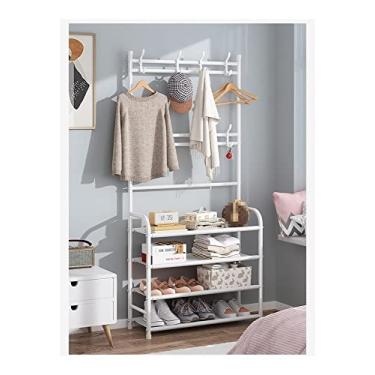 Imagem de Cabide de pé livre com banco de armazenamento de sapatos 3 em 1 corredor de metal entrada de árvore com prateleira de 4 camadas para armazenamento de sapatos, roupas (cor: branco, tamanho: 5 camadas