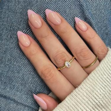 Imagem de SXVME Unhas curtas de amêndoa, rosa claro, unhas de pressão francesas com cola para mulheres, unhas postiças francesas naturais em 15 tamanhos – Kit de cola de gel macio com 30 unhas, visual realista