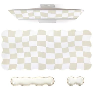 Imagem de L-SPOUTTO Conjunto de mouse pad xadrez bege, tapete de mesa XXL recortado + descanso de pulso ergonômico para mouse + descanso de pulso de teclado de gel para teclado 65%/75%, almofada de mesa grande