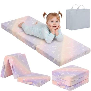 Imagem de Tiita Colchão de chão com três dobras para crianças, que brilha no escuro com capa removível, tapete de cochilo para cama infantil com bolsa de armazenamento, médio, 119 x 56 cm, rosa Pegasus