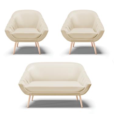 Imagem de Kit 01 Namoradeira 02 Lugares e 02 Poltronas Giovana Corino Bege Pés Palito Natural - D'Rossi